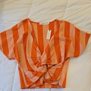 Anthropologie Orange and White Striped Knot Blouse